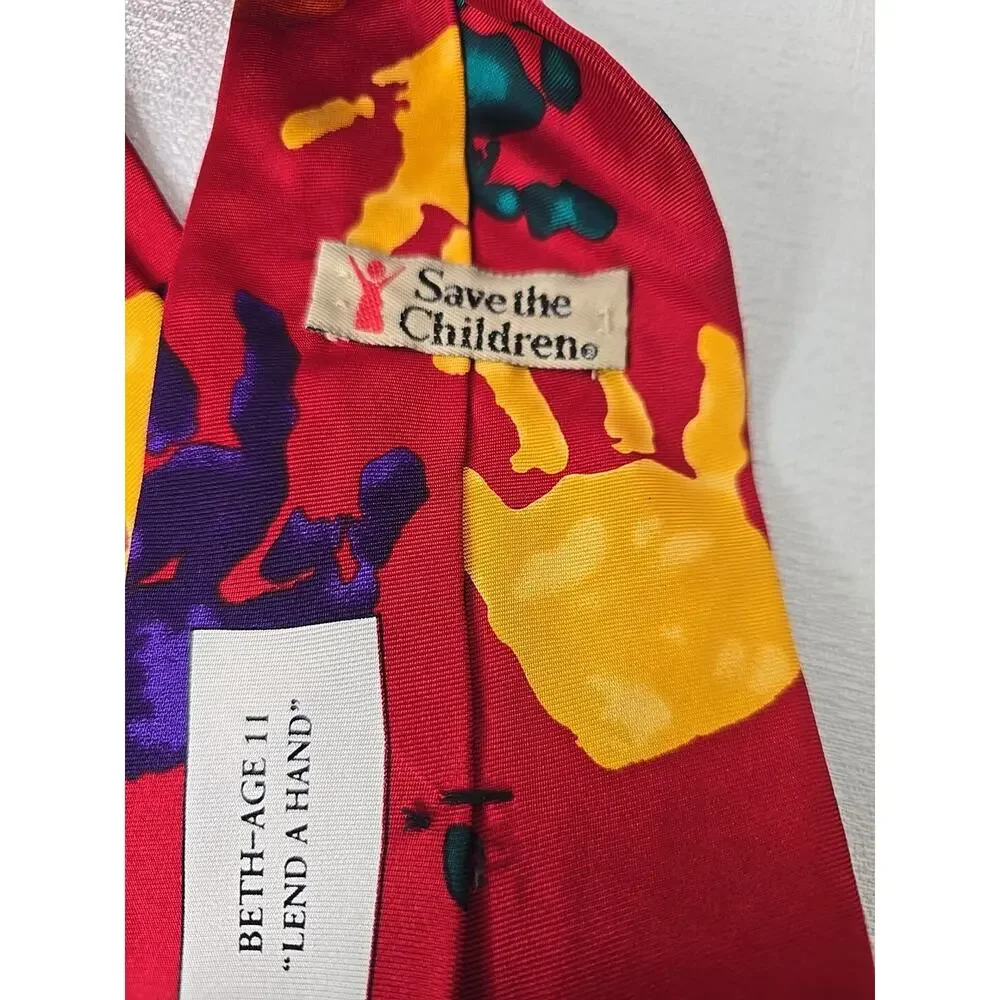Vintage Red Save The Children 'Lend A Hand' 100% Silk Handprint Neck Tie Rare